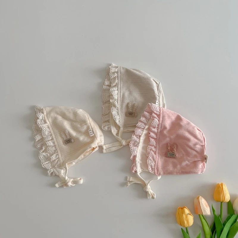 

Lace Trimmed Baby Bonnet with Flower/Rabbit Designs Soft & Stylish Infant Bonnet Comfortable Little Girls Hat Present