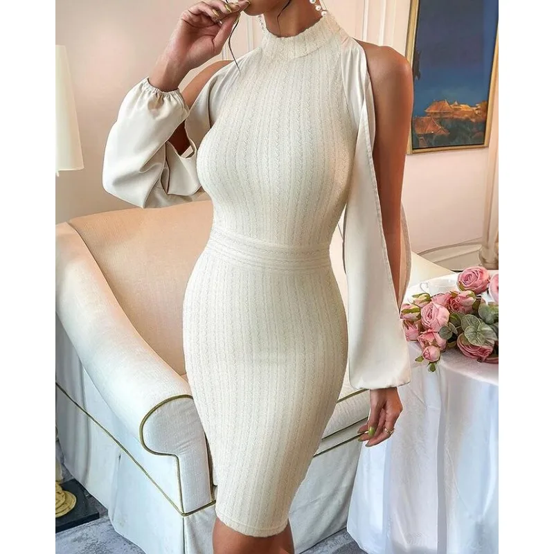 

Long Sleeve Off-Shoulder Turtleneck Tight Dress Y2K Beige Bodycon Dress Women Jacquard Solid Color Slim Sheath Midi Dress