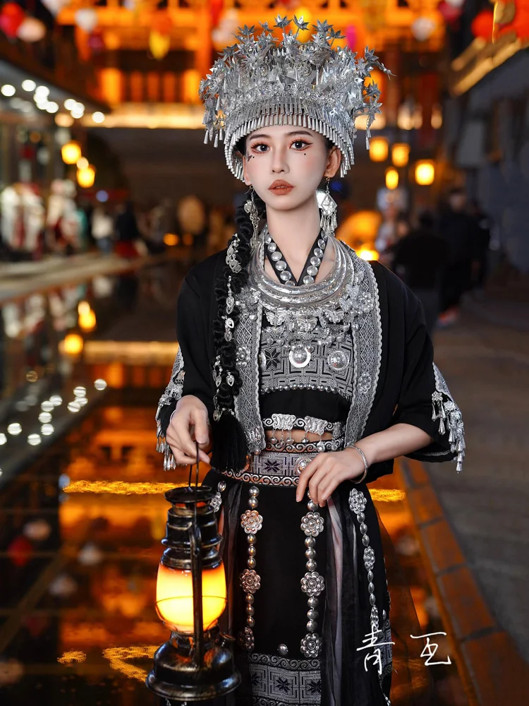 

Embroidered Miao Costume Female Dress Headdress Necklet Set Minority Tujia New Photography Trip Shoot Clothing