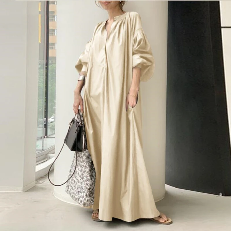 

2023 Chic Temperament Commuting Colorful Loose Lantern Sleeve Cotton Hemp Loose Large Train Skirt Dress Vintage Women Dress