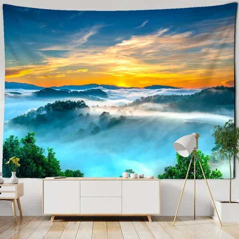 

Sunrise Mountains And Rivers Landscape Tapestry Wall Hanging Psychedelic Aurora Natural Landscape Art Home Decor