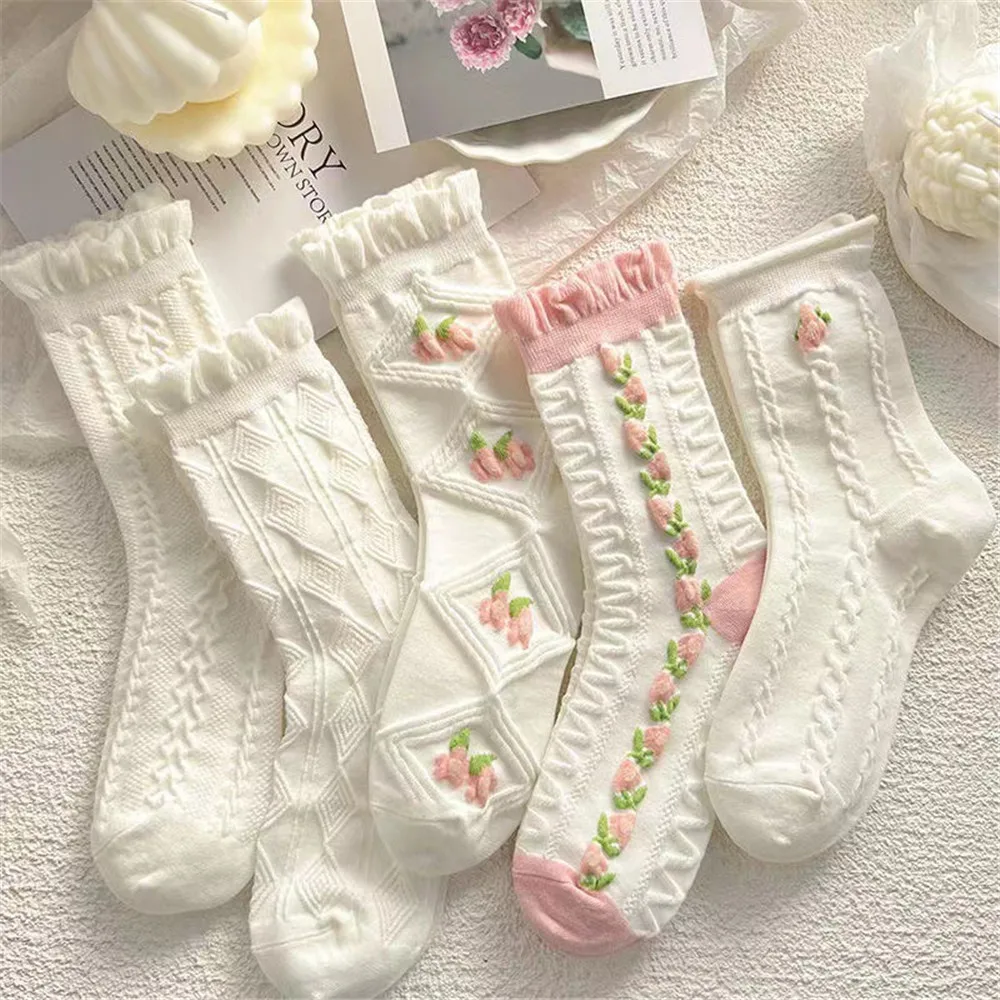 

1Pair Cute Lolita White Socks Students Lace Middle Tube Stockings Fashion Japanese Spring And Summer Thin Cotton Socks For Women