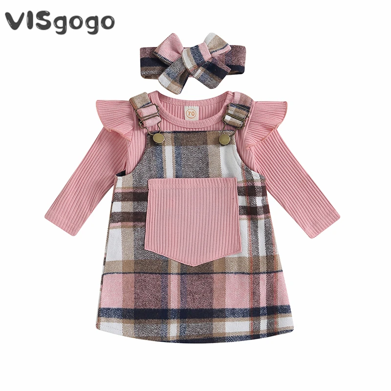 

VISgogo 0-18M Baby Girls Clothes Ribbed Long Sleeve Ruffle Bodysuit and Plaid Suspender Dress Bow Headband 3 pieces Fall Outfit