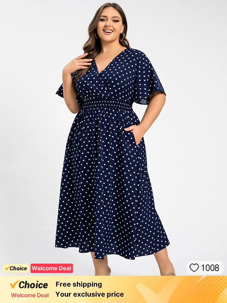 

Plus Sized Clothing Polka Dot Crisscross V-Neck Elastic Waist Pocket Ruffle Hem Maxi Dress Sleeve Dresses Ladies Elegant