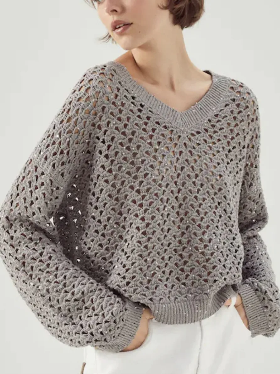 

Women Sequins Weave Hollow Out Sweater 2023 New Ladies V-Neck Loose Long-Sleeved Pullover Linen Temperament Knitwear Tops