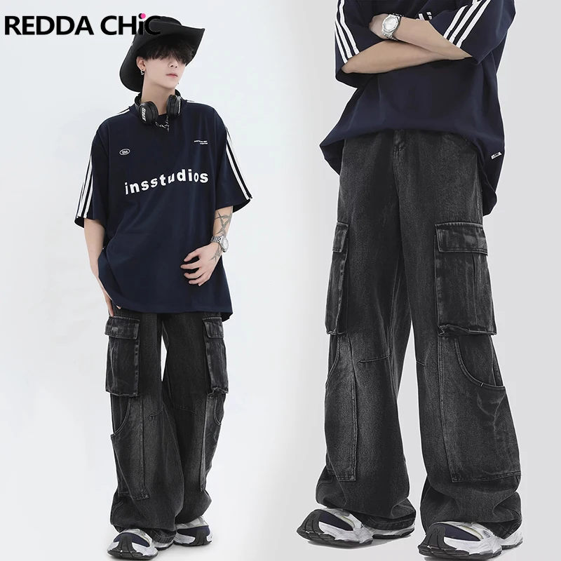 

REDDACHIC Retro Black Cargo Pockets Baggy Jeans Men Skater Oversized Wide Leg Pants Casual Hiphop Trousers Grunge Y2k Streetwear