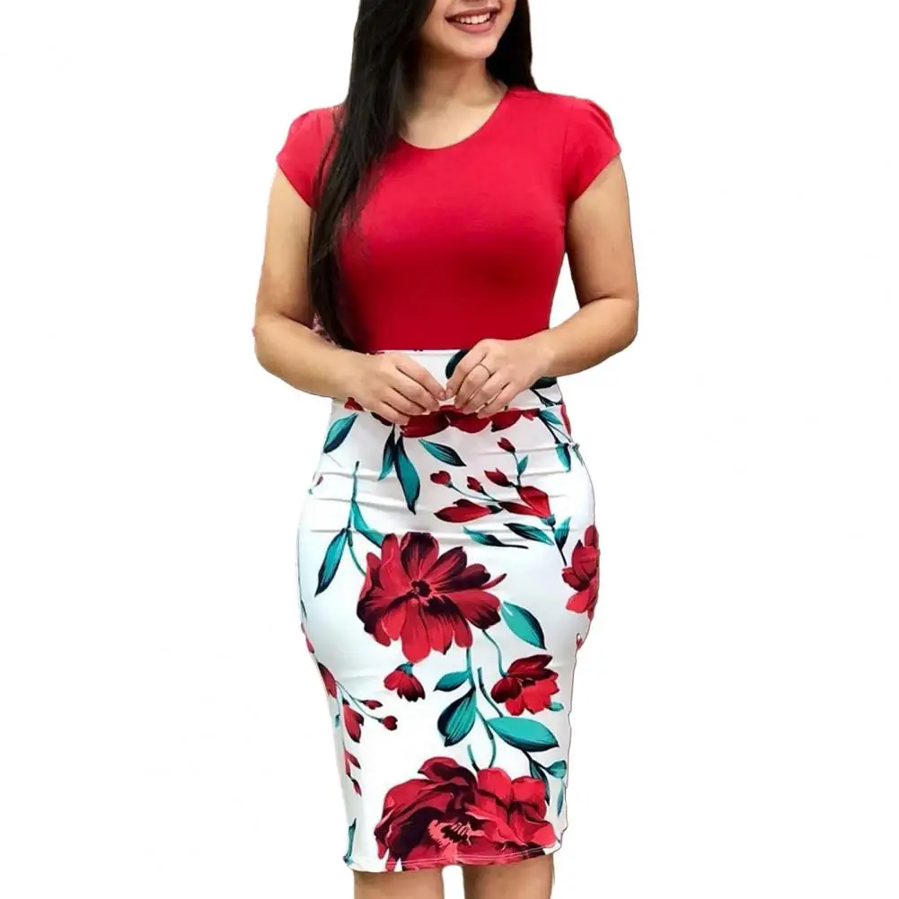 Women Summer Dress Sheath Slim Fit Short Sleeve Round Neck Patchwork Color Matching Flower Print Soft Elastic Knee Length Lady C
Women Summer Dress Sheath Slim Fit Short Sleeve Round Neck Patchwork Color Matching Flower Print Soft Elastic Knee Length Lady C