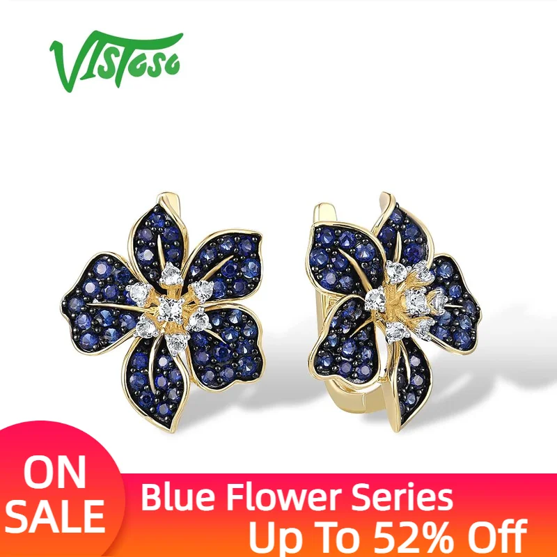 

VISTOSO Gold Earrings For Women 9K 375 Yellow Gold Sparkling Lab Created Sapphire White Topaz Blue Lily Flower Fine Jewelry