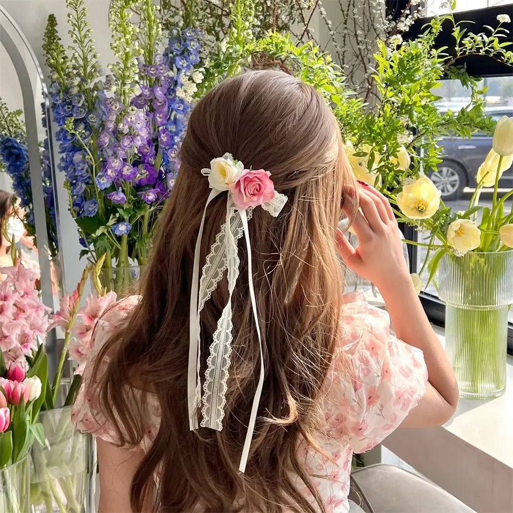 

Lace Bowknot Flower Ribbon Bow Hair Clip Barrettes Tassel Mesh Rose Flower Hairpins Ponytail Clip Korean Style Girls Hair Clip