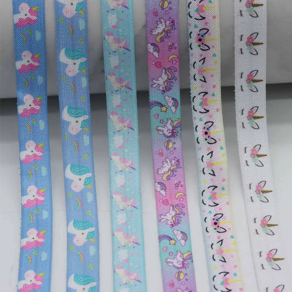 

5/8" 15MM Heat Transfer Rainbow Unicorn Printed Fold Over Elastic FOE Ribbon For DIY Knot Ties Hair Accessories