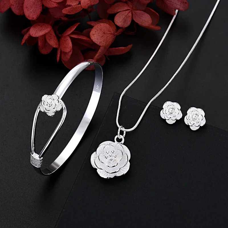 Fine 925 Sterling Silver Charm Flower Necklace Earring Bangle Jewelry for Women Retro Set Wedding Gift TRENDY Lovely
Fine 925 Sterling Silver Charm Flower Necklace Earring Bangle Jewelry for Women Retro Set Wedding Gift TRENDY Lovely