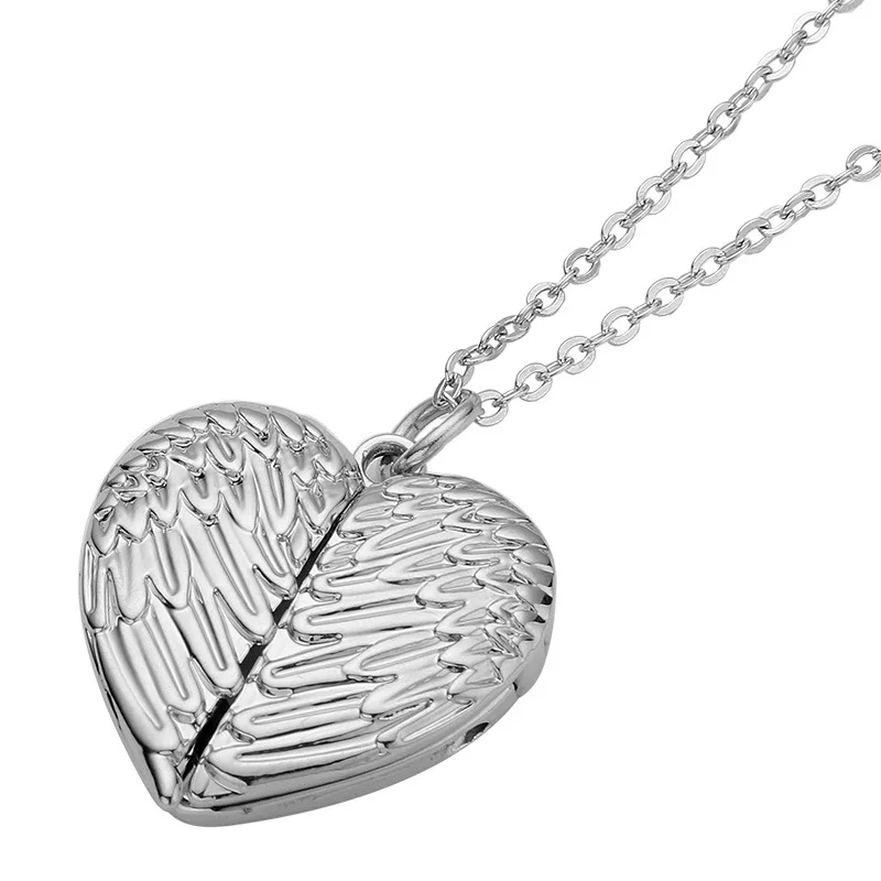 

European And American Jewelry Valentine's Day Necklace Heat Transfer Printed Angel Wings Couple Heart Shaped Pendant