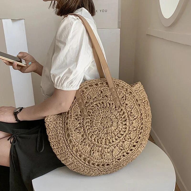 Round Woven Straw Beach Bag - Travel Tote 5 Sd8d176f8254a403b8fe4141e8b04bd69B