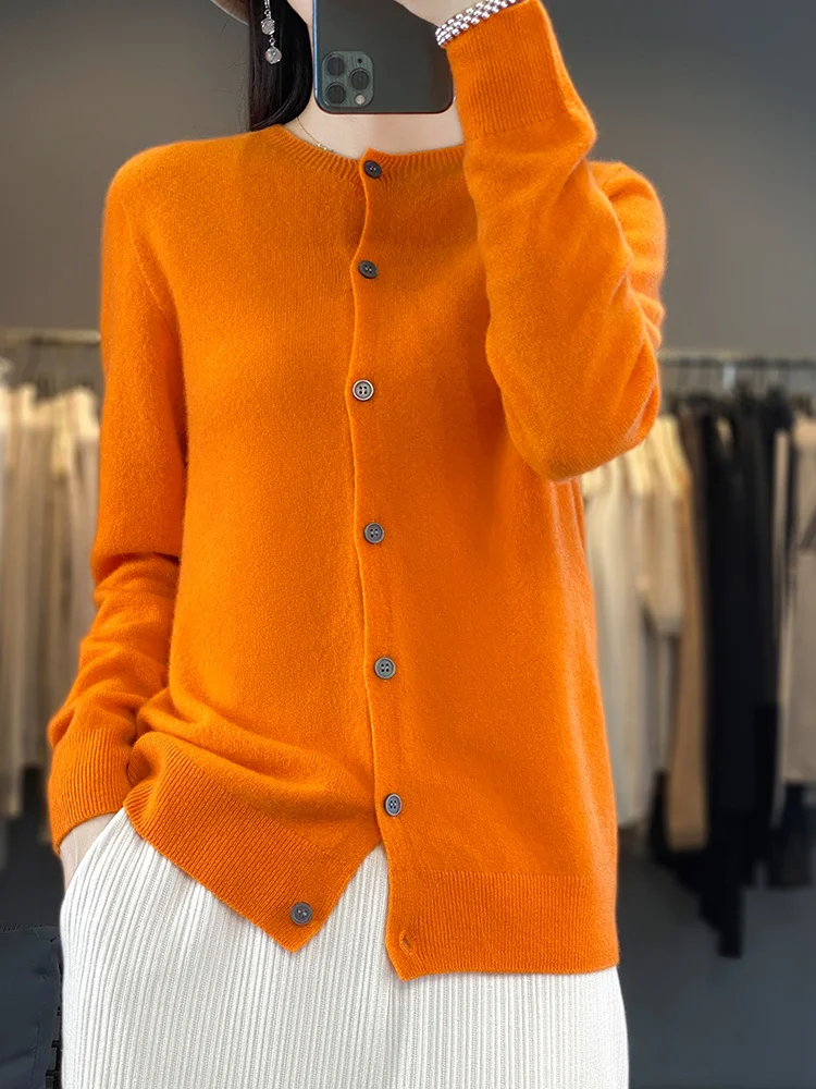 

New Spring Autumn Winter 100% Pure Merino Wool Womens O-neck Cardigan Cashmere Sweater 2023 Female Knit Clothing Grace Tops Coat