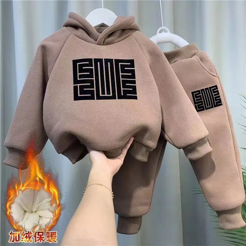 

2023 Autumn Winter New Plush And Thickened Hooded Sweater Set Big Boys Warm Two Piece Set Boys Fashion Letter Sweater Kids