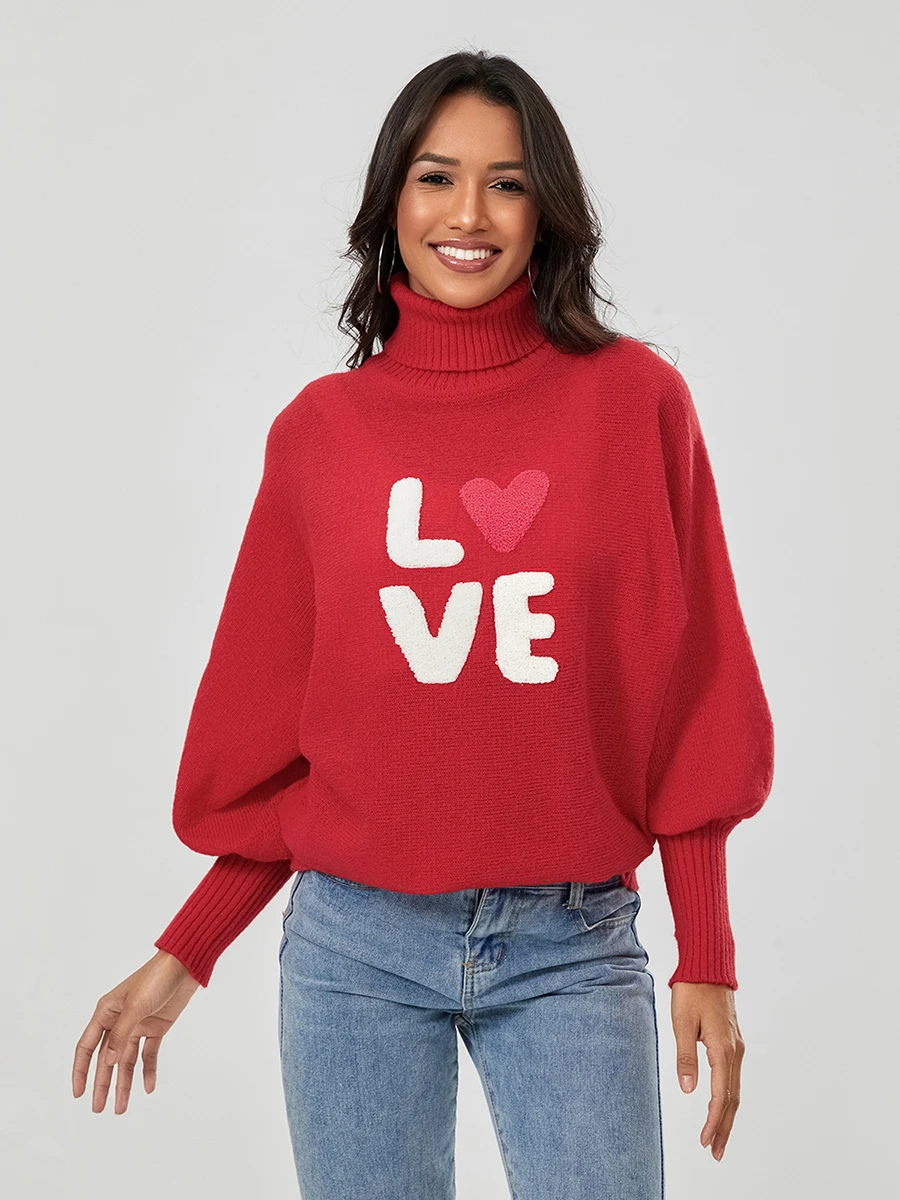 

Heart Printed Sweater for Women Long Sleeve Crewneck Pullover Oversized Knitted Sweaters Valentines Jumper Tops