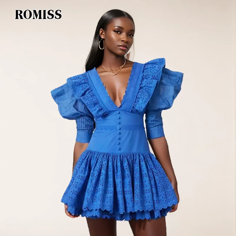

ROMISS Women's Solid Color Fold Dress V -neck Half -sleeved high -waisted Splicing Splicing Ruffled Ruffled A -line New Model