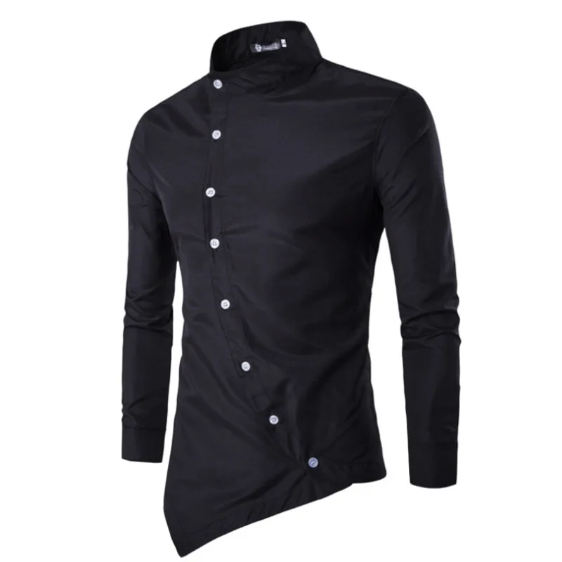 

#4616 Black White Blue Red Irregular Shirt Men Buttons Regular Fit Men's Shirts Asymmetrical Shirt Man Mandarin Collar Spring