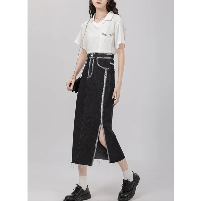 Женская джинсовая юбка с разрезом, черная Повседневная винтажная длинная юбка-трапеция с высокой талией, мешковатая юбка на лето 
Женская джинсовая юбка с разрезом, черная Повседневная винтажная длинная юбка-трапеция с высокой талией, мешковатая юбка на лето