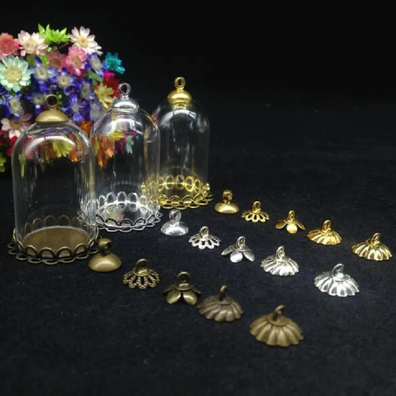 

500sets/lot 30*20mm clear bell jar tube shape glass vial pendant with flower tray cap diy glass bottle cover dome craft necklace