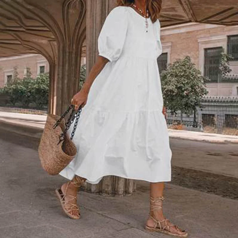 

Summer Women Loose Mid-Calf Dress Vintage Lantern Sleeve Long Dresses Boho Ladies Beach DressesLoose Vestido Casual