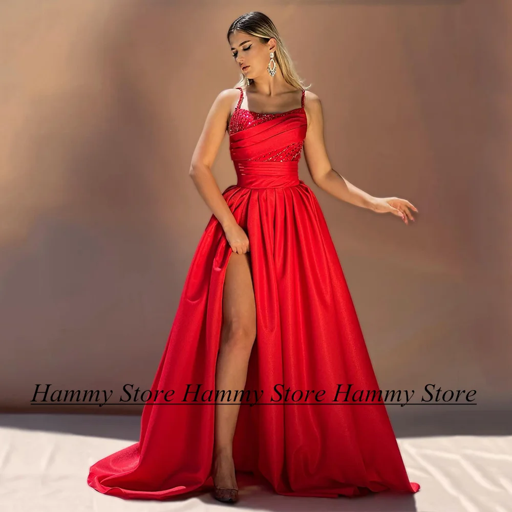 

Sexy Red Evening Dress Party Gowns Spaghetti Straps Beading Sequin Pleat High Split A Line Satin Prom Dresses Robe De Soiree