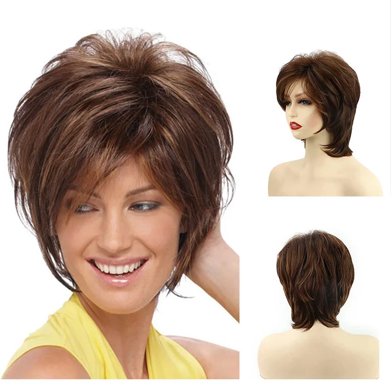 

Synthetic Women's Short Brown Pixie Haicut Wig with Bangs Fluffy Layered Hairstyle Female Natural Wig Lady Mommy Wigs