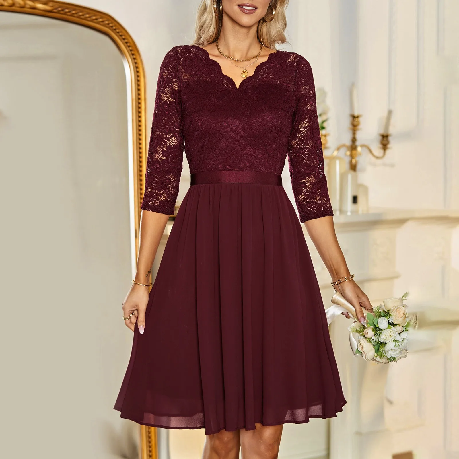 Женское кружевное платье-миди с рукавом 2023 и V-образным вырезом
Женское кружевное платье-миди с рукавом 2023 и V-образным вырезом