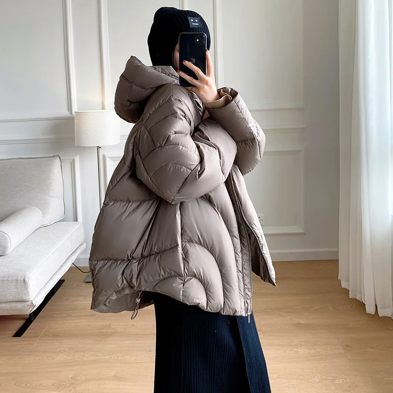 

Cape Thickened Bread Down Coat Women's 2022 Winter Short High Quality Solid Color Warm Hooded 90% White Duck Down Coat