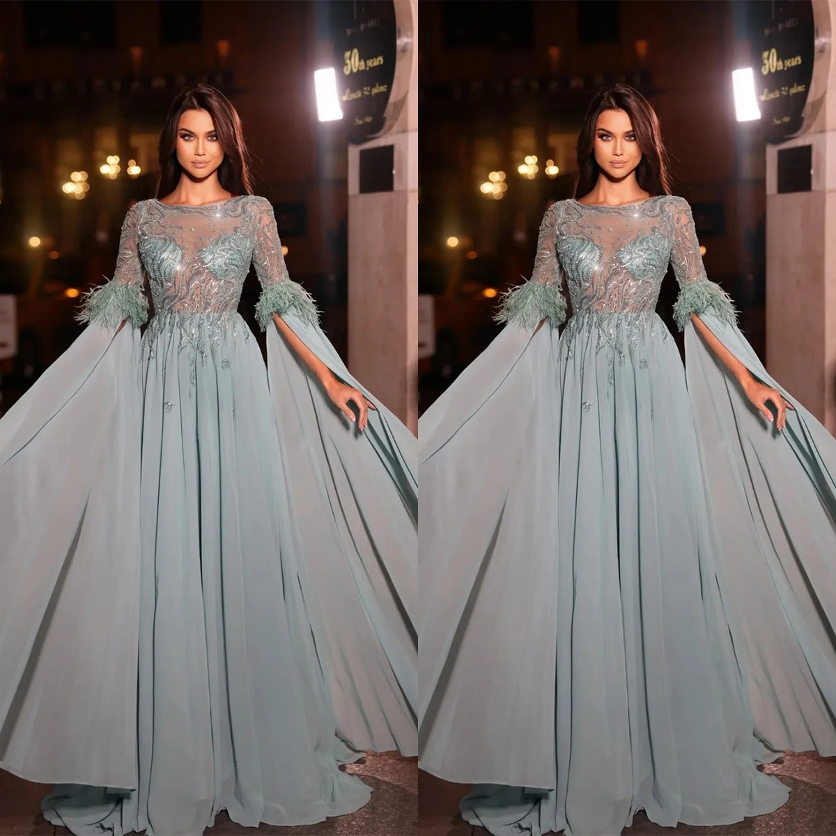 Glamorous Evening Dress Formal Occasion Dresses Jewel Long Sleeves Feathers Shining Applicants Backless Soft Tulle Prom Dress 예복
Glamorous Evening Dress Formal Occasion Dresses Jewel Long Sleeves Feathers Shining Applicants Backless Soft Tulle Prom Dress 예복
