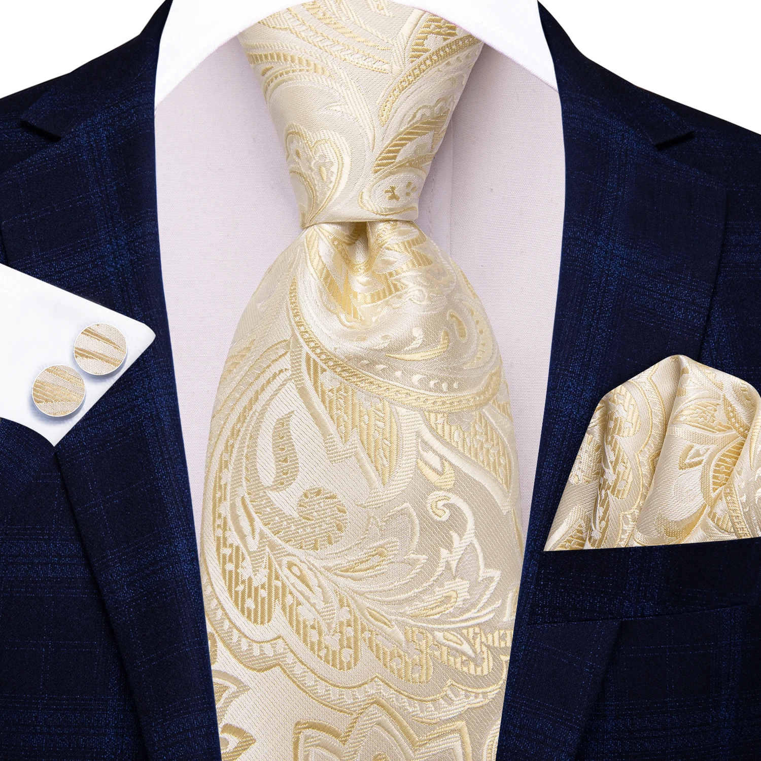 

Hi-Tie Paisley Champagne Mens Fashion Necktie Handkerchief Cufflink for Tuxedo Accessory Classic Silk Luxury Tie for Man Gift