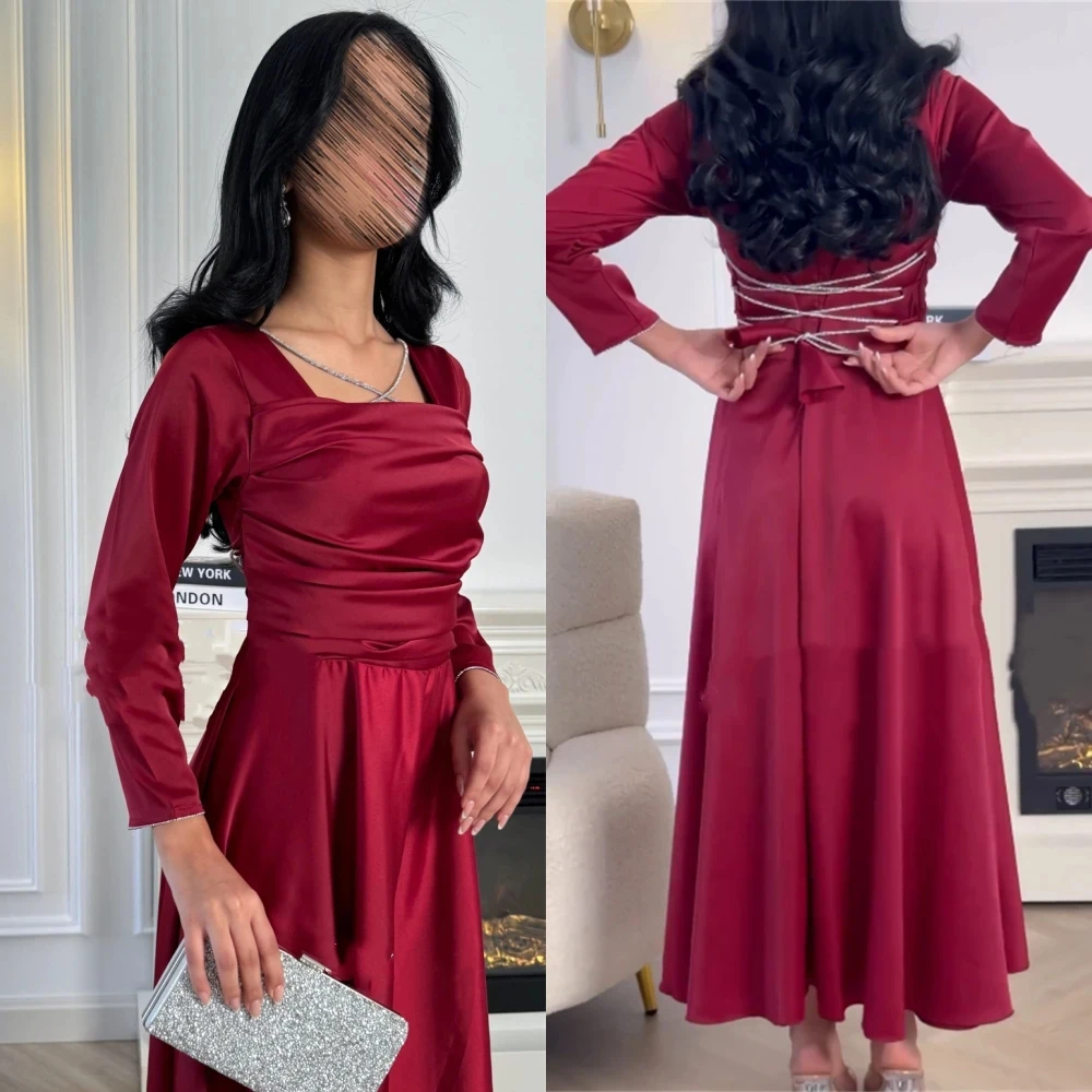 

Red Bow Evening Dresses Square Neck Prom Dress Formal Dress A-line Satin Saudi Arabia Bespoke Occasion Gown Midi Dresses 2024