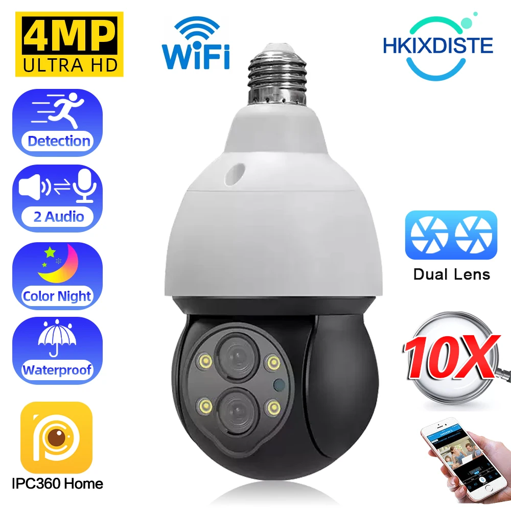 Wifi HD 4MP Dual Lens Light Bulb Surveillance Camera 10X Zoom Color Night Vision Auto Tracking Wireless PTZ CCTV Security Camera
Wifi HD 4MP Dual Lens Light Bulb Surveillance Camera 10X Zoom Color Night Vision Auto Tracking Wireless PTZ CCTV Security Camera