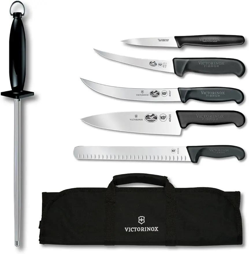 

Victorinox Swiss Army 7-Piece Natural Competition BBQ Set with Black Fibrox Pro Handles and Knife Roll (46135US2)