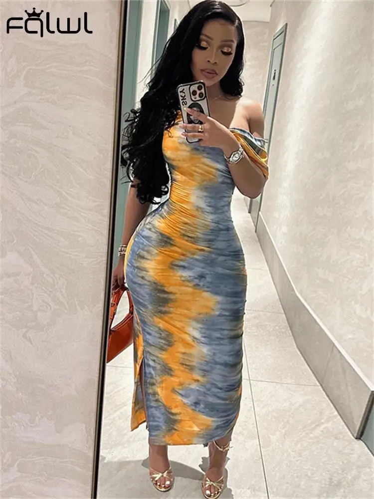 

Habbris Gray One Shoulder Long Dress Party Club Clothing For Women 2023 Tie Dyed Bodycon Dress Sleeveless Asymmetric Maxi Dress