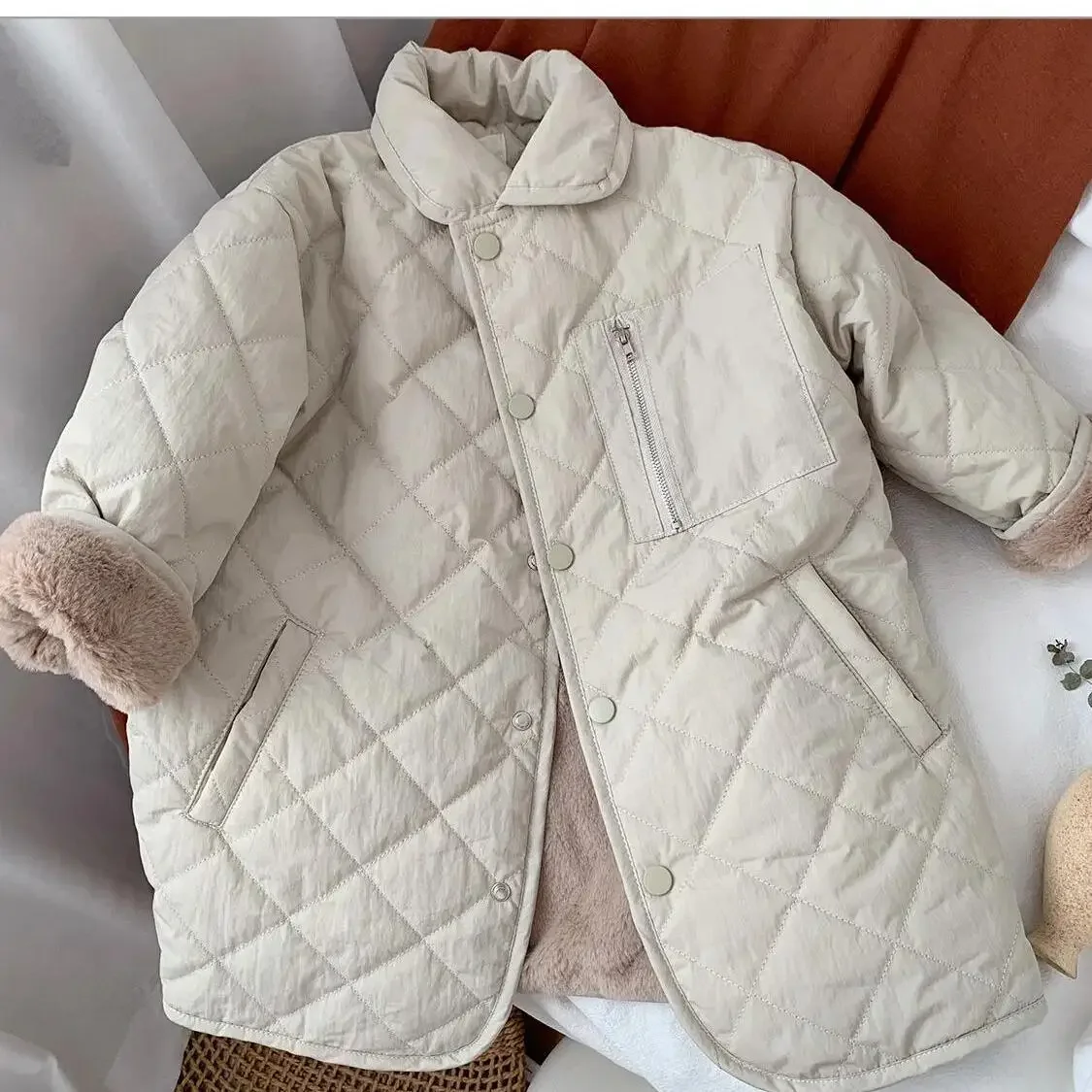 

3-11 YRS Teenagers Winter Kids Mid Length Quilted Coats Woolen Collar Parkas Boys Girls Single Breasting Thicken Warm Outerweat