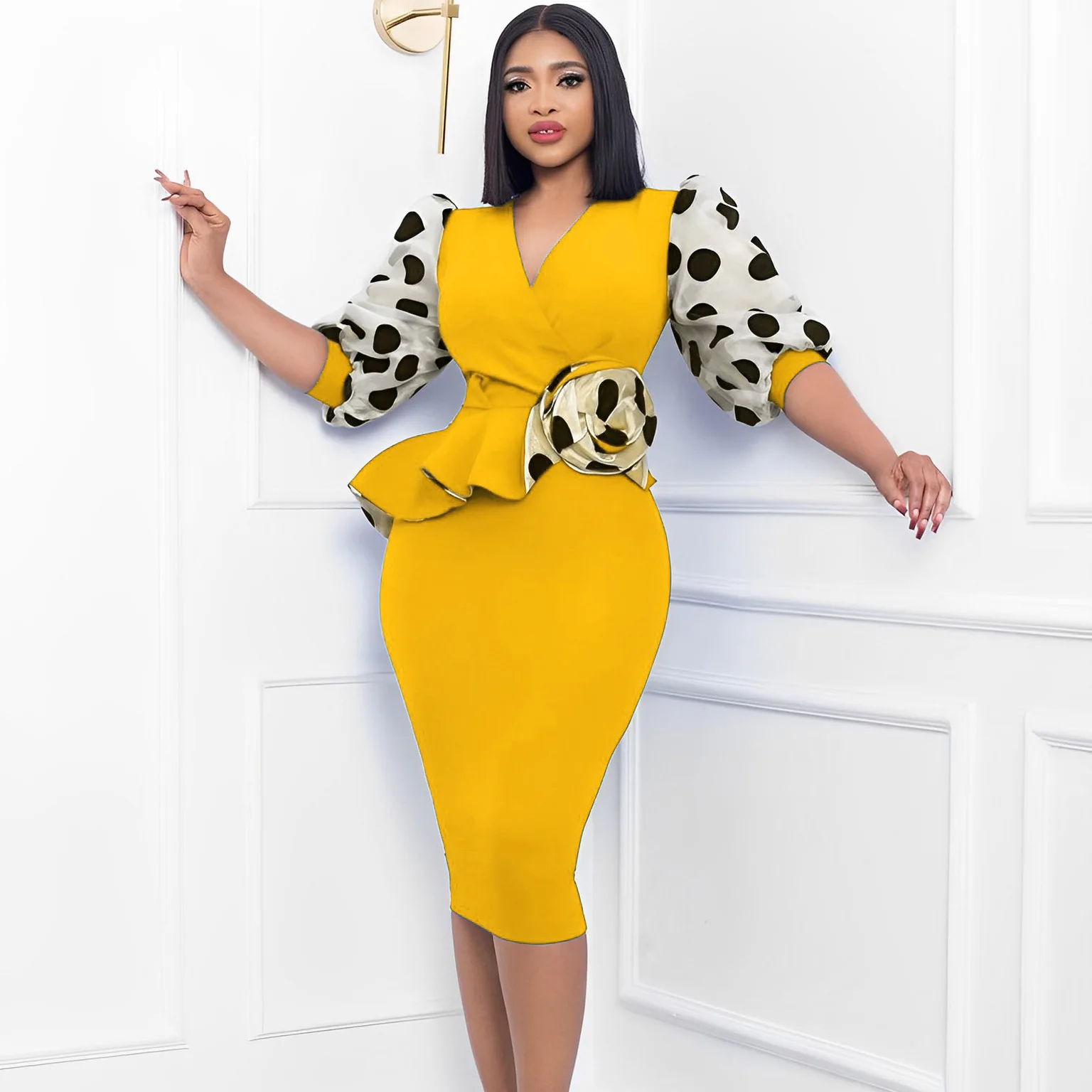 QXIUIXP Women's Plus Size Elegant Splicing Polka Dot Mesh Bubble Sleeve Pencil Dress Female Slim V Neck Summer Office Midi Dress
QXIUIXP Women's Plus Size Elegant Splicing Polka Dot Mesh Bubble Sleeve Pencil Dress Female Slim V Neck Summer Office Midi Dress