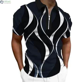Modismo de Verão: Polo Floral Elegante da FREDD MARSHALL 12 Men'S Zip Polo Lapel Polo Shirt Golf Shirts Graphic Prints Geometry Linear Turndown Short Sleeves Zipper Clothing Tops Designer