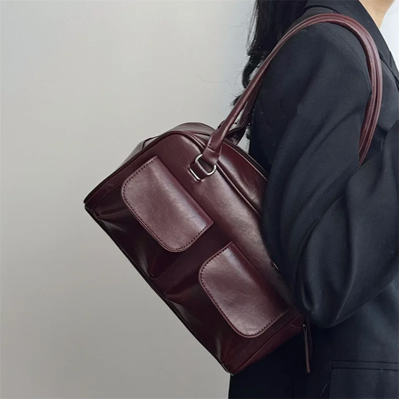 

Retro Red Women's Satchel Hobos Bag Patent Leather Multi Pocket Luxury Designer Handbag Female Shoulder Underarm Bag Tote Purses