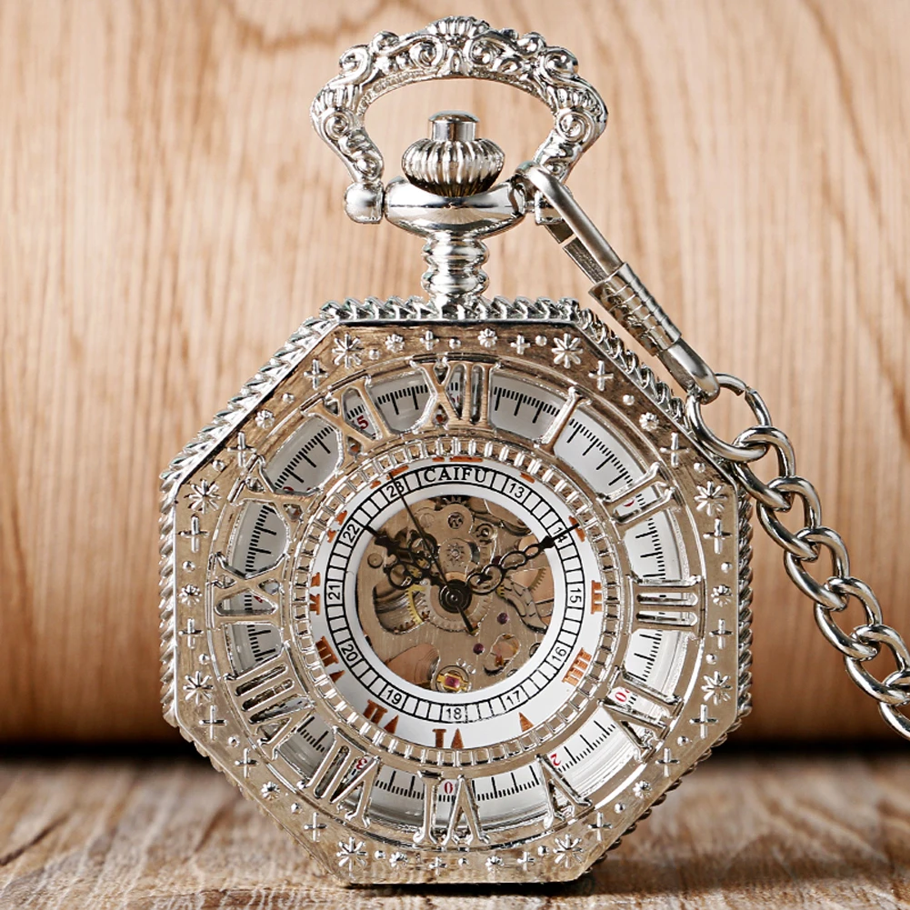 

Sliver Octagon Shape Mechanical Pocket Watch Roman Numeral Openwork Pocket Watches Manual Winding White Dial Thick Chain Clocks