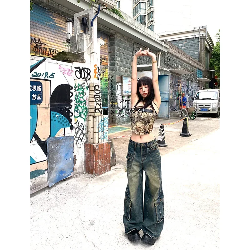 

Blue Women Jeans Worn-out High Waist Vintage Straight Baggy Denim Pants Streetwear Harajuku2024 New Fashion Wide Leg Trouser