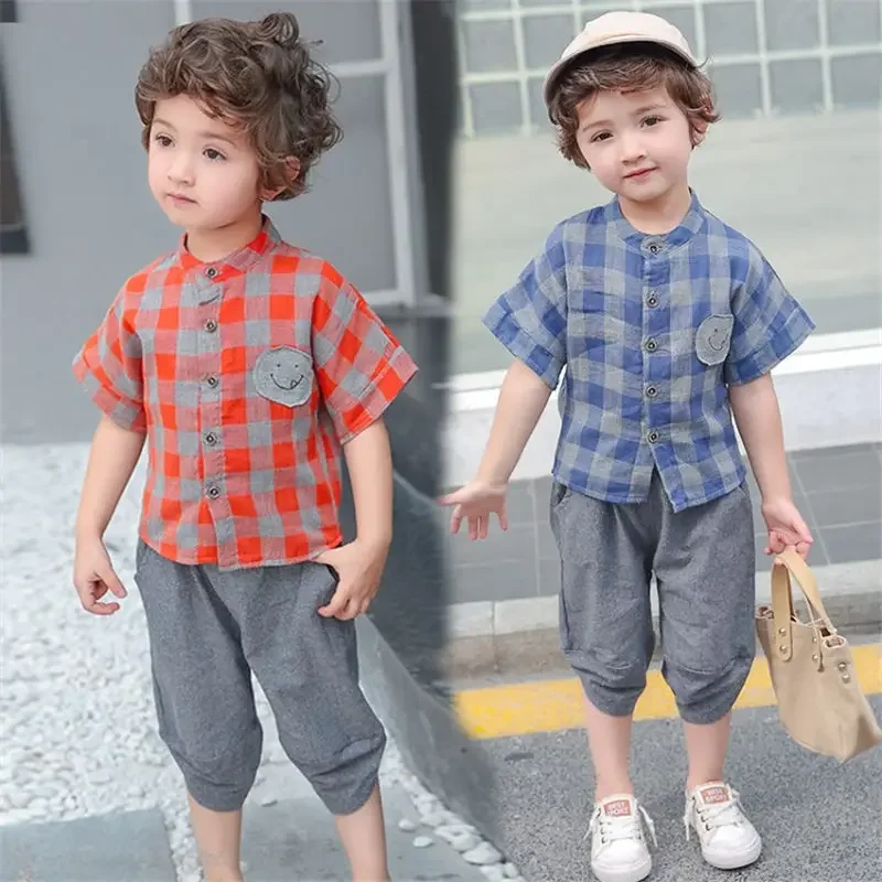 

New Summer Kids Boys Clothing Children Simple Print Plaid Pattern Shirt Shorts 2Pcs/Set Toddler Casual Clothes Kids Tracksuits