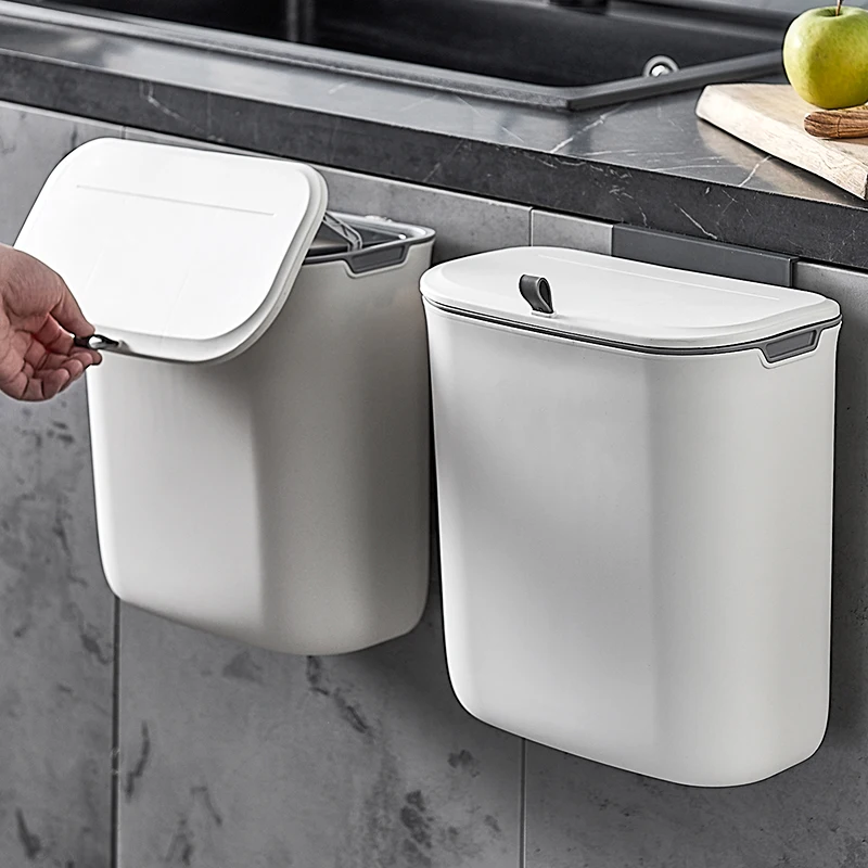 

Wall Kitchen Trash Can Food Waste Recycling Bucket Garbage Bin 7L 9L Hanging Toilet Trash Cans Bathroom Wastebasket with Lid