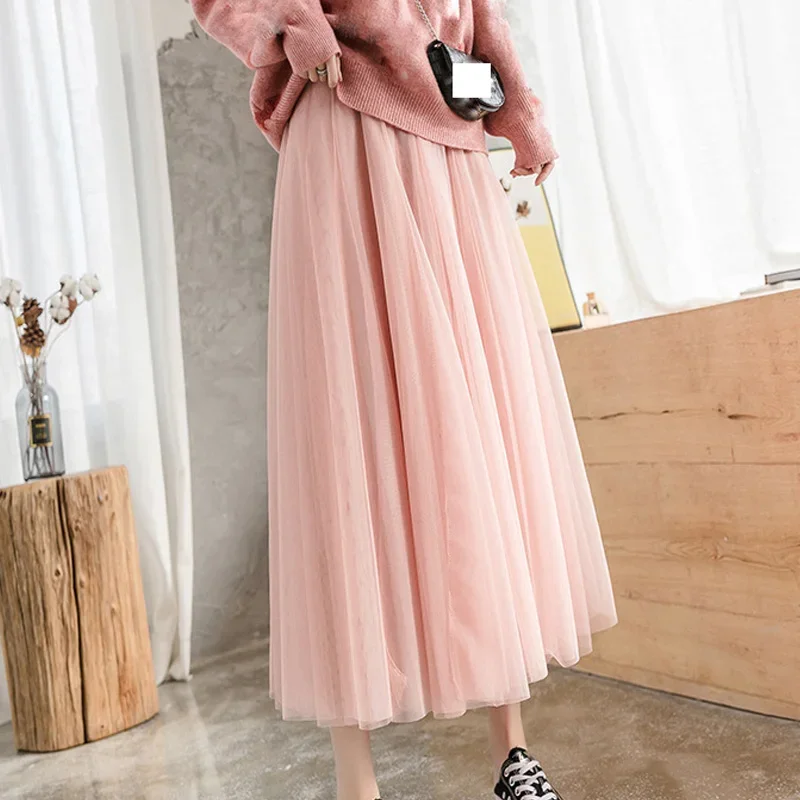 

Long Pleated Tutu Skirts Women Elastic High Waist Mesh Skirts Female Jupe Longue White Spring Summer Vintage Tulle Skirt