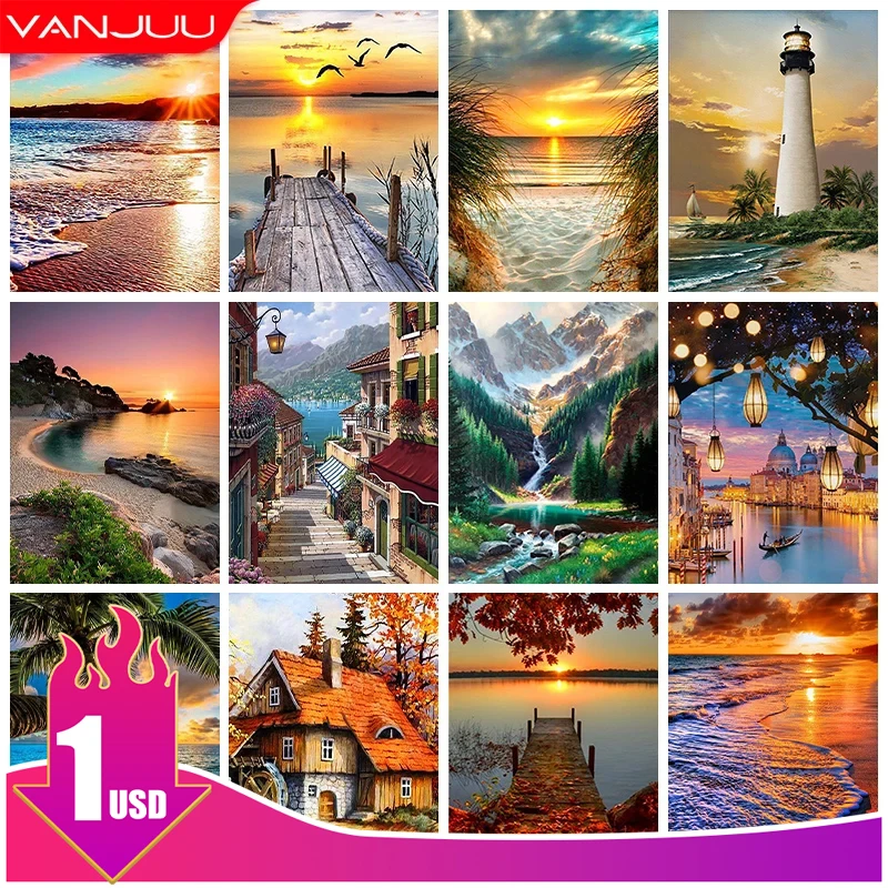 

Seaside Scenery 5D DIY Diamond Painting Kit Sunset Scenery Cross Diamond Embroidery Painting Full Diamond Mosaic Home Decor Gift