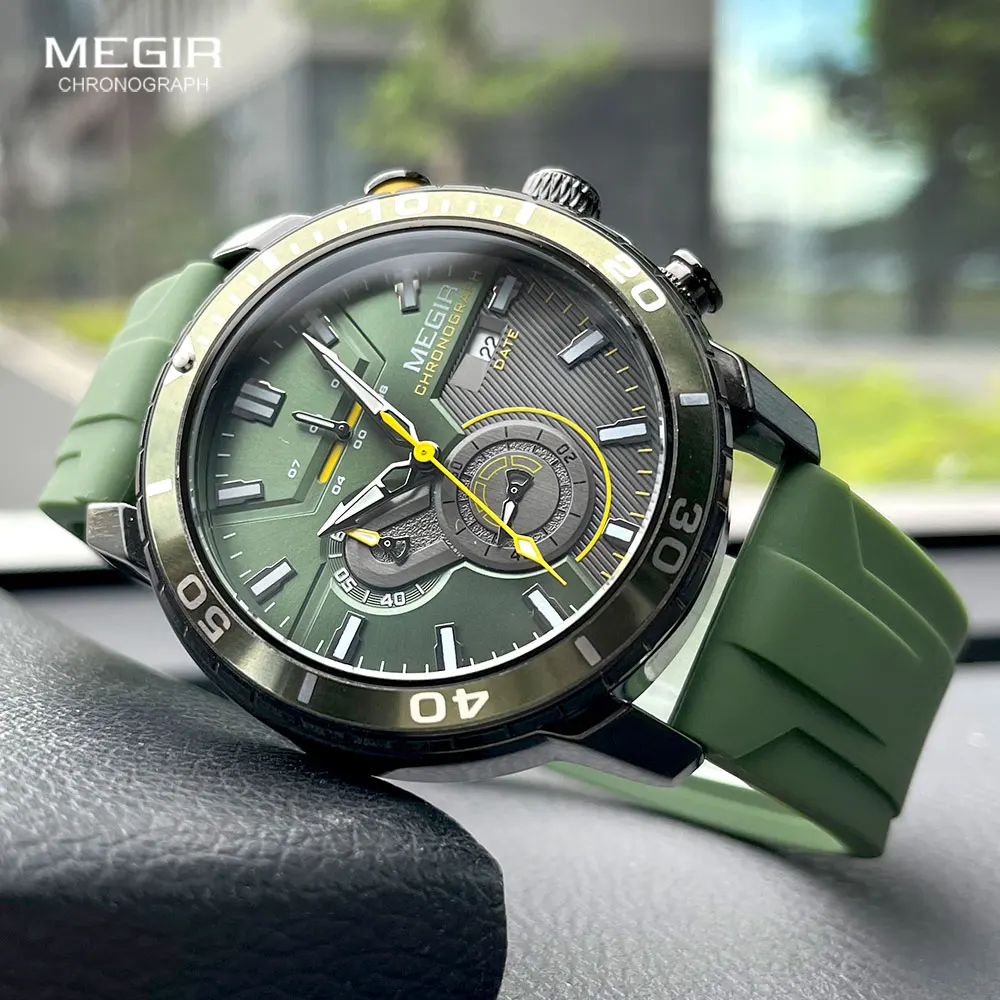 

MEGIR Sport Quartz Watch Men Fashion Olive Green Silicone Strap Chronograph Waterproof Wristwatch with Auto Date Luminous Hands