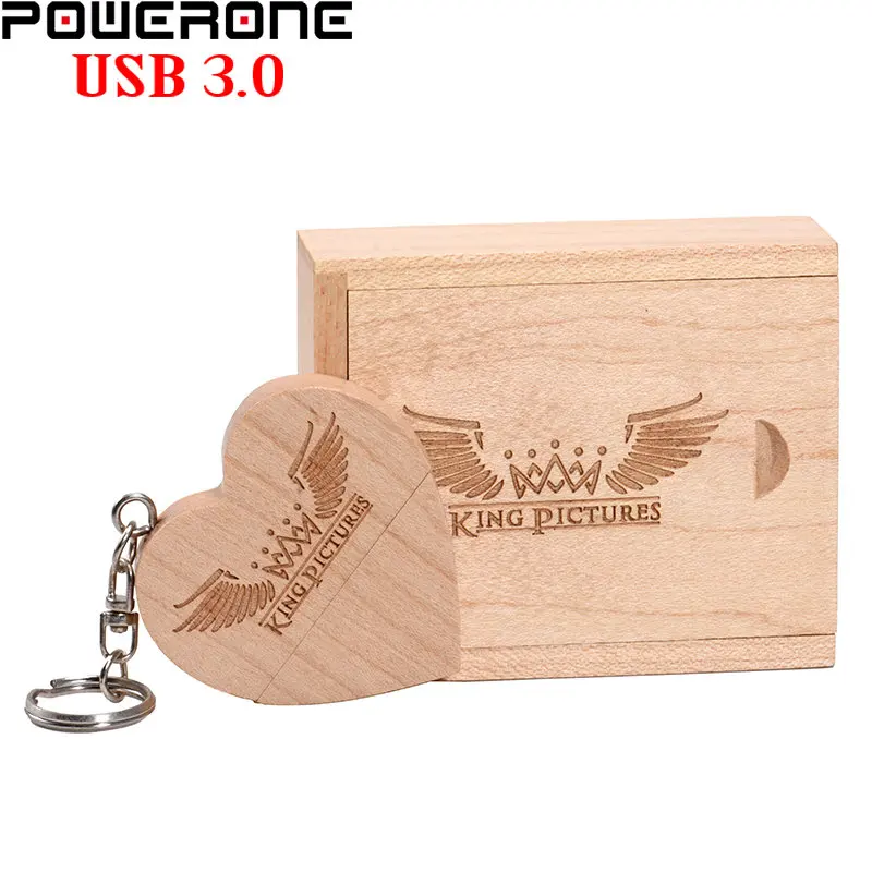 

POWERONE Wooden Heart + Box USB 3.0 Flash Drives 64GB Free Custom Logo Memory Stick 32GB Souvenir Gift Pen Drive 16GB U Disk 8GB