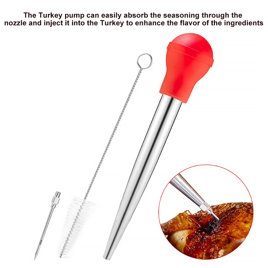 

Turkey Baster Set with Silicone Bulb Stainless Steel Syringe Needles Brush BBQ Barbecue Seasoning Tool Red