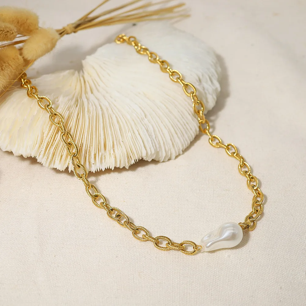 

Simple Gold Plated Stainless Steel Fashion Link Chain Clavicle Choker Baroque Freshwater Pearl Necklace