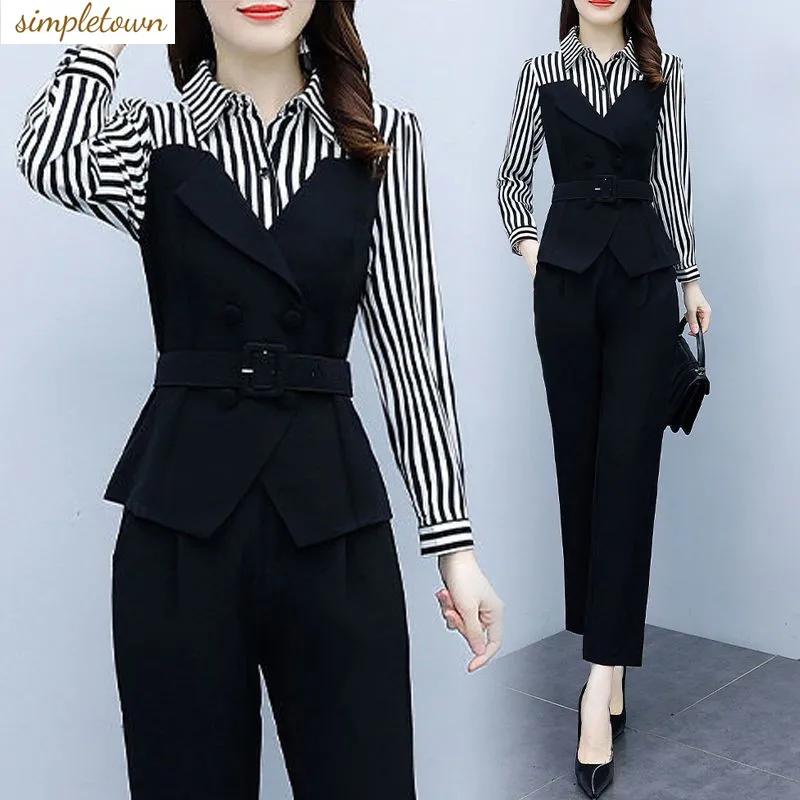 

Spring and Autumn Women's Set New Korean Edition Slim and Fashionable High End Waist Closing Style Two Piece Pants Set